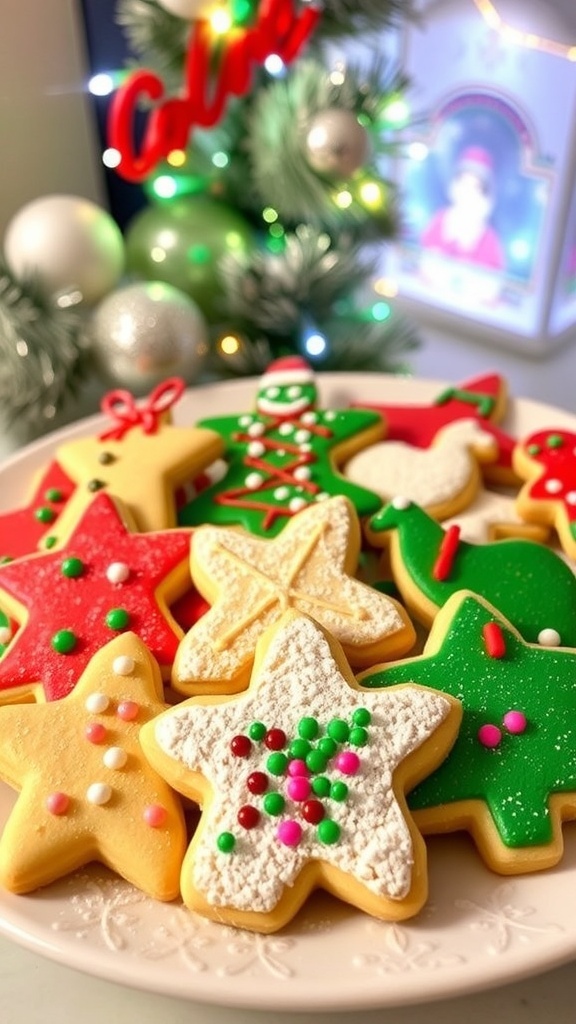 Easy Christmas Cookies Using Cake Mix A plate of assorted Christmas cookies made from cake mix, decorated with sprinkles and powdered sugar.